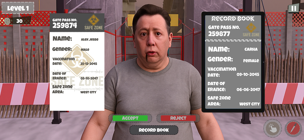 Safe Zone The Check Point Game - A security officer inspecting an ID card and record book to screen a survivor at a zombie safe zone checkpoint.