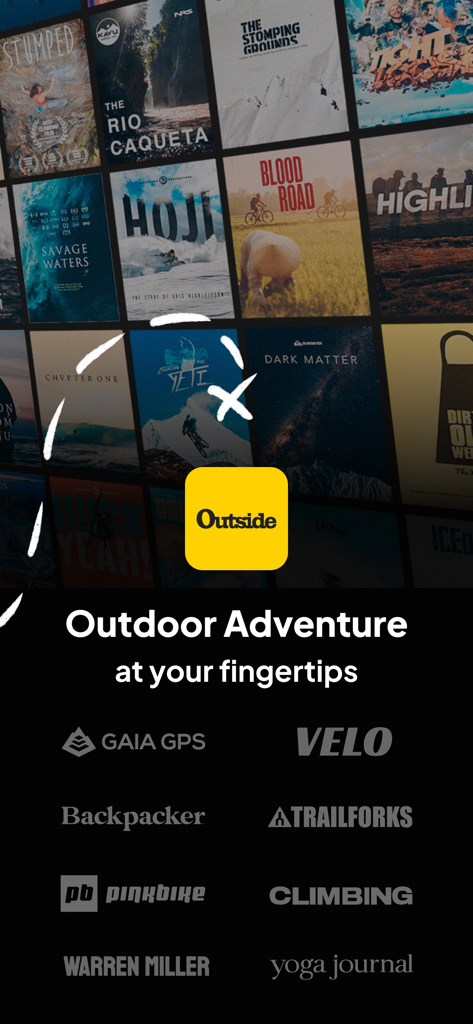 Outsideアプリのホーム画面に、アウトドアアドベンチャー映画のサムネイルとさまざまなスポーツブランドのロゴが表示されている