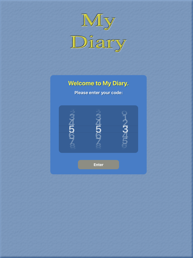 My Private Diary - My Private Diary app welcome screen with a three-digit numeric passcode entry interface on iPad