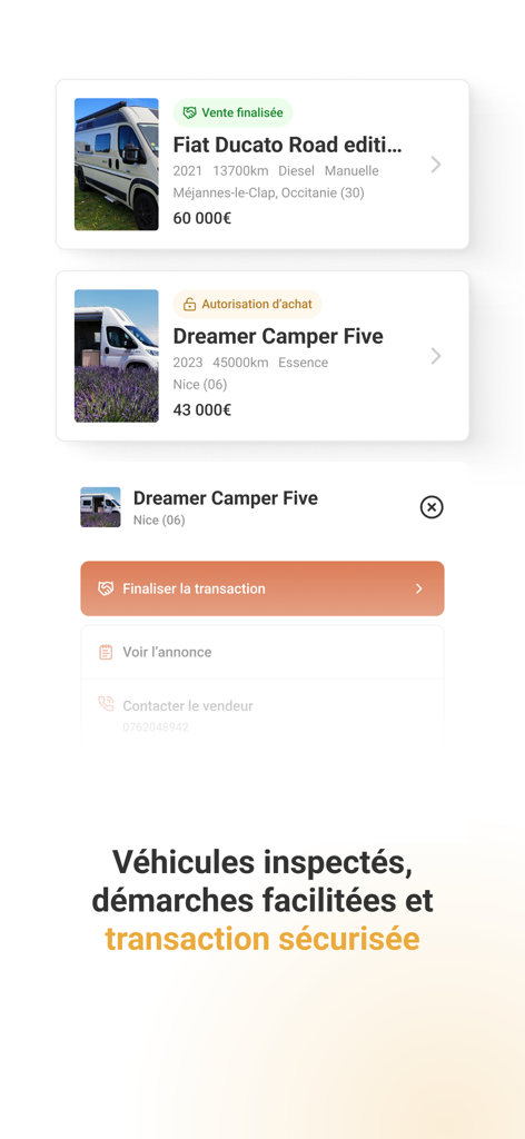 Wikicampers - Wikicampers app interface showing secure RV transactions and finalized sales management