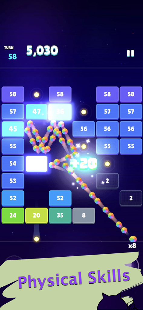 Cartoon Bricks Breaker - Gameplay screenshot of Cartoon Bricks Breaker showing colorful balls hitting numbered blocks with physics mechanics