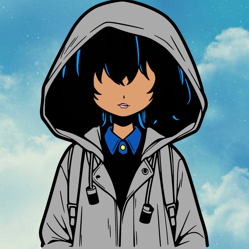 little anime girl in a raincoat her hair is covering her eyes she has a lighter