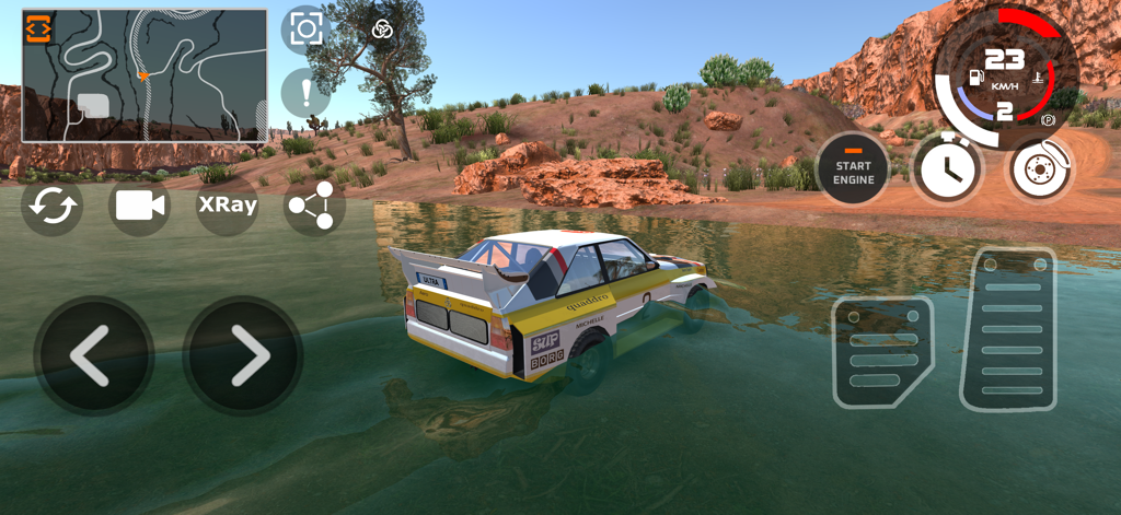 DriveCSX Car Crash Simulator - A white and yellow rally car driving through water in a desert canyon in DriveCSX Car Crash Simulator