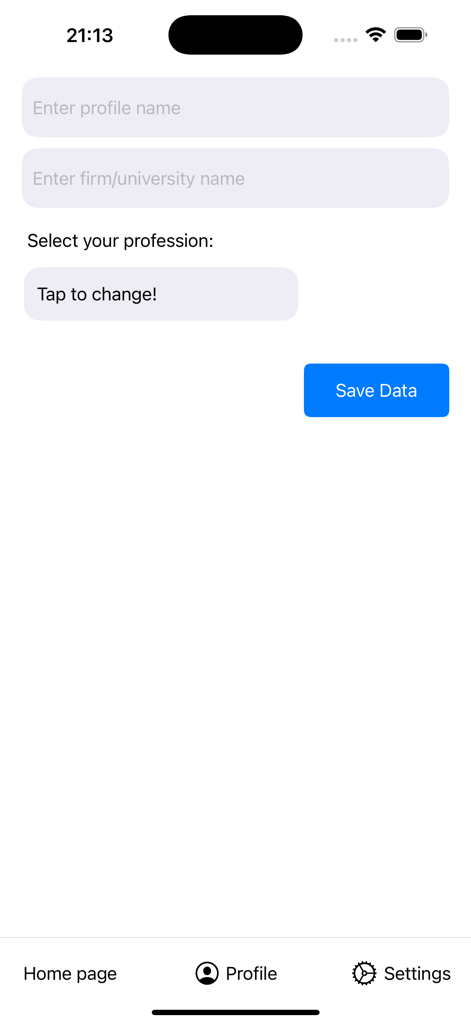 Benutzerprofil-Einrichtungs­oberfläche in der Virtual Cell Profiler-App mit Feldern für Name, Universität und Berufsauswahl.