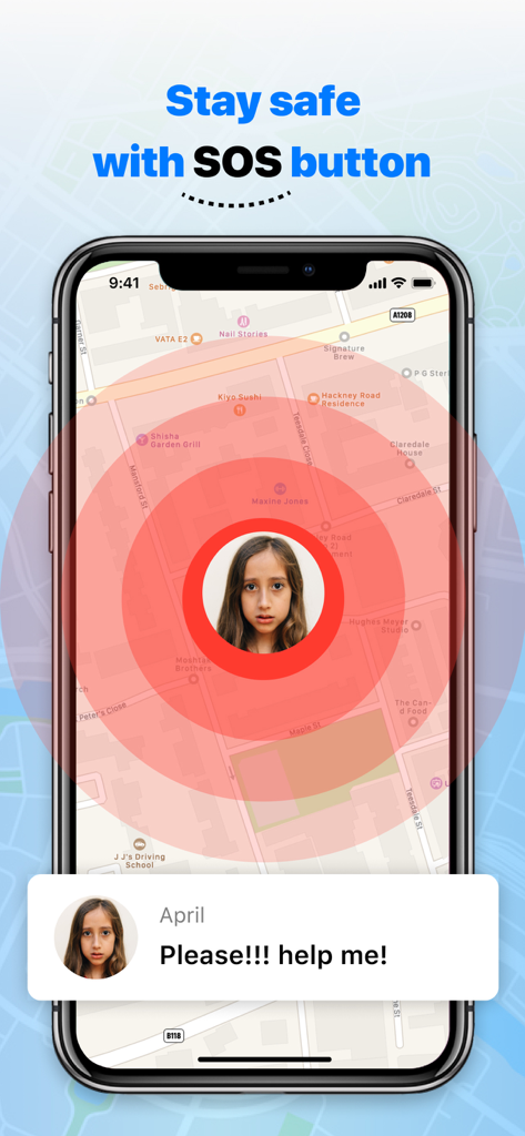 RealLoc: Find Friends & Family - 地図上の場所と家族からの緊急ヘルプメッセージを示すRealLocアプリのSOS緊急アラート機能