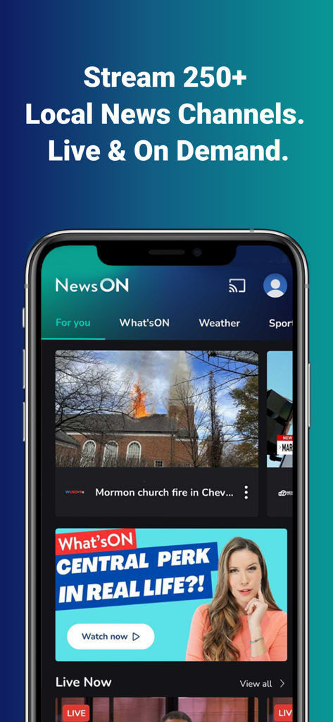 NewsON - Local News & Weather - NewsON app interface showing live and on demand local news channels