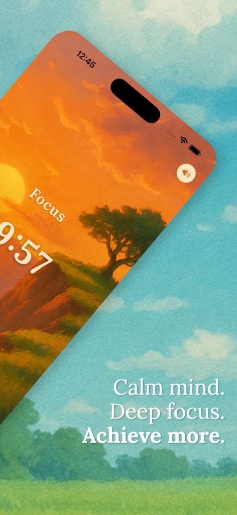 Nori - Cozy Focus Friend - A mobile phone displaying the Nori focus timer over a serene sunset landscape background with text about achieving deep focus.