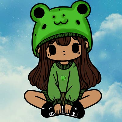 a girl wearing a frog hat and some frog socks