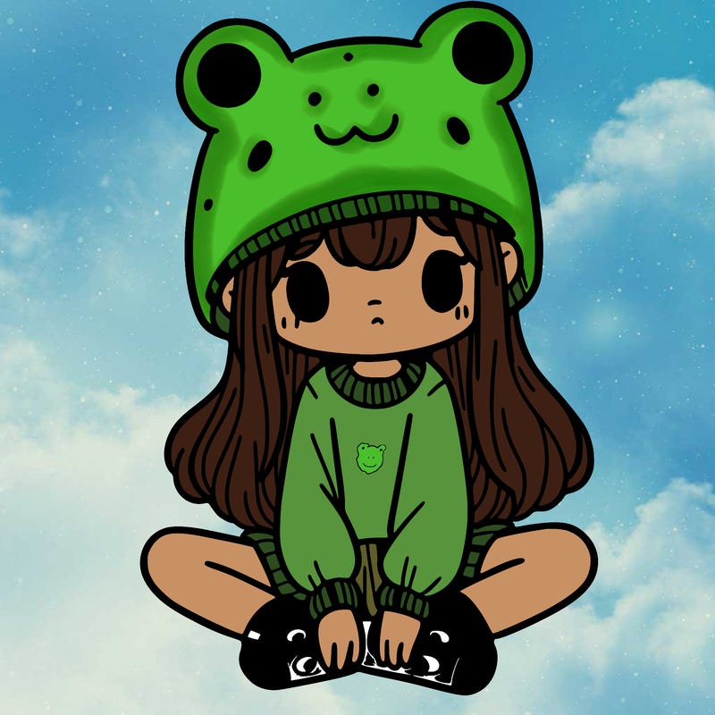 a girl wearing a frog hat and some frog socks