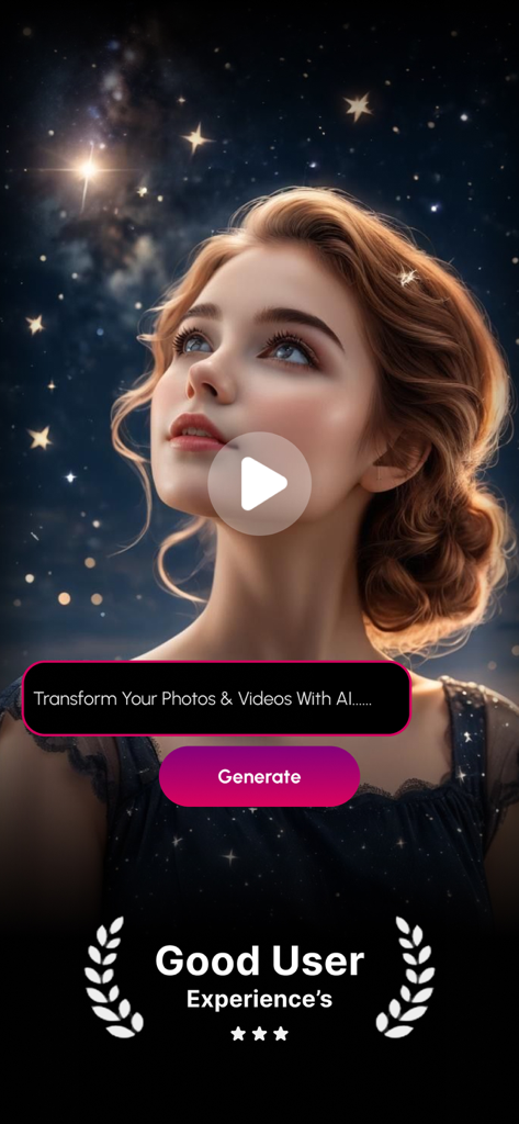 Jasper - AI video Generator - Jasper AI video generator app screen showing a woman under a starry sky with a generate button for AI video