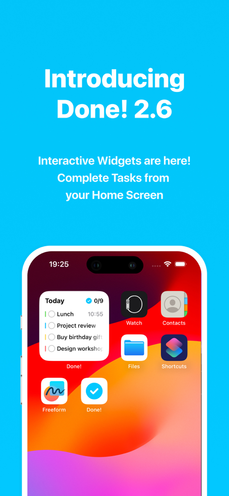 iPhone home screen displaying Done app interactive widget with a list of daily tasks