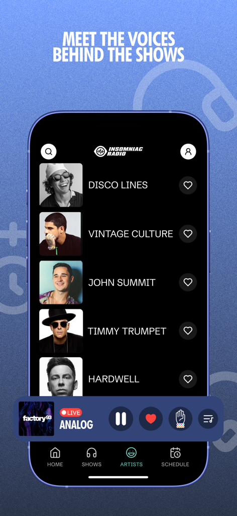 Insomniac Radio app interface showing a curated list of EDM artists including John Summit and Hardwell.