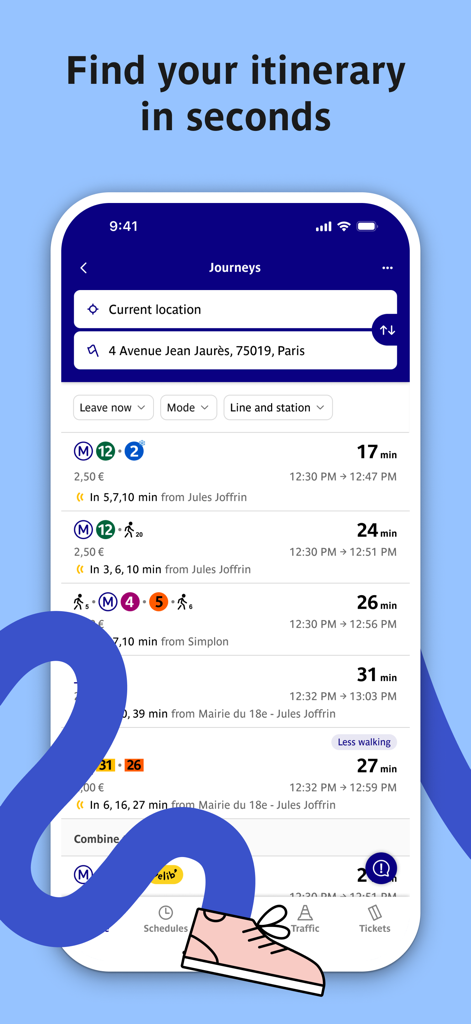 パリの交通ルートの旅程計画結果が表示されたBonjour RATPアプリのインターフェース