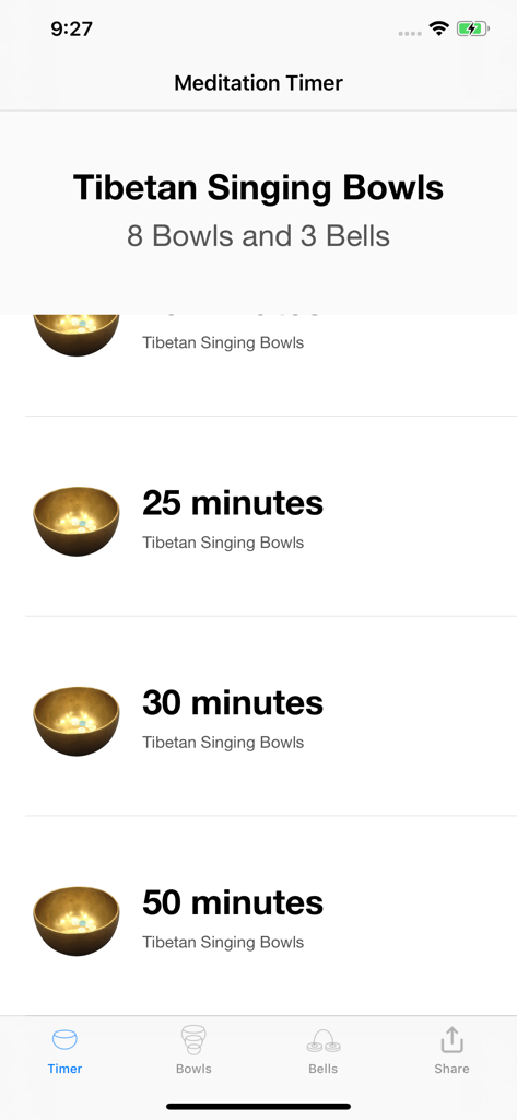 Screen showing meditation session options with Tibetan singing bowl sounds