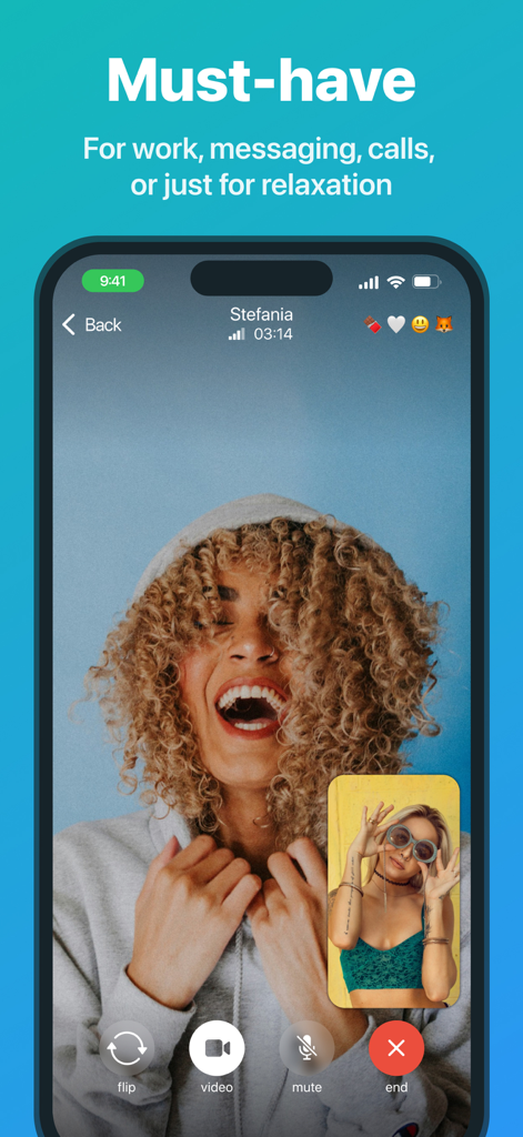 Uma tela de celular mostrando uma interface de videochamada dentro do aplicativo iMe AI Messenger