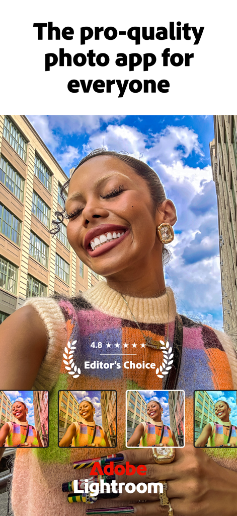 Une femme souriante portant un pull coloré, avec différentes options de filtres photo, est affichée en bas de l'interface de l'application Adobe Lightroom.