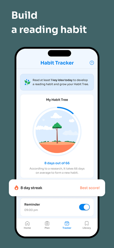 Retell - Key Ideas in 15 Mins - The habit tracker interface of the Retell app featuring a growing habit tree and an eight day reading streak notification.