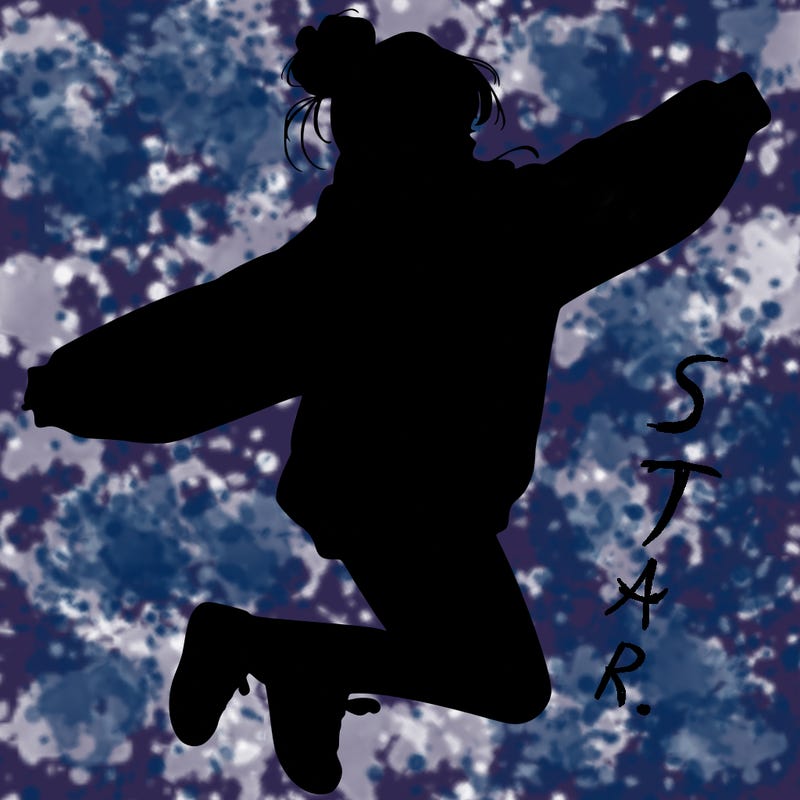 realistic girl jumping with a bun and oversized sweatshirt