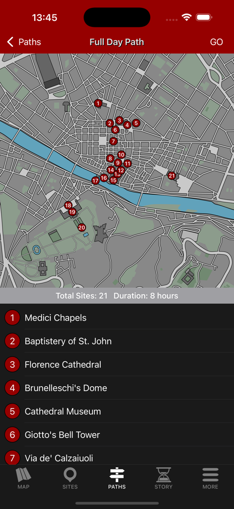 Florence Tour - Travel Guide - Una interfaz de aplicación móvil que muestra un mapa de ruta a pie de Florencia con sitios históricos numerados y un itinerario de ocho horas de duración.