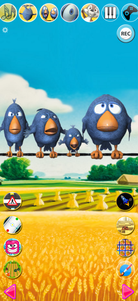 Talking Birds On A Wire - Four funny blue birds sitting on a wire with mini-game icons in a field.