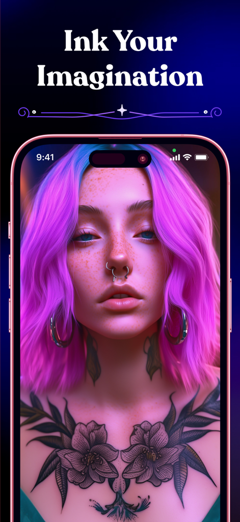 Tattoo Guru - AI Art Generator - AI generated floral chest tattoo preview on a woman with vibrant pink hair