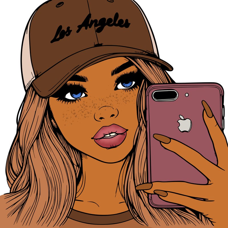 realistic beautiful girl wearing los ángeles cap holding an iphone with a nose