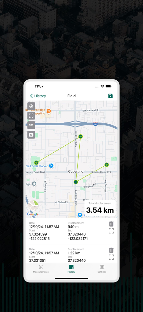 My GPS Tape Measure - History screen of the My GPS Tape Measure app showing saved map coordinates and distance measurements in Cupertino