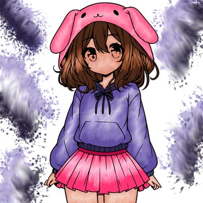 pretty anime girl wearing a fluffy hoodie with bunny ears on the hood and a skirt