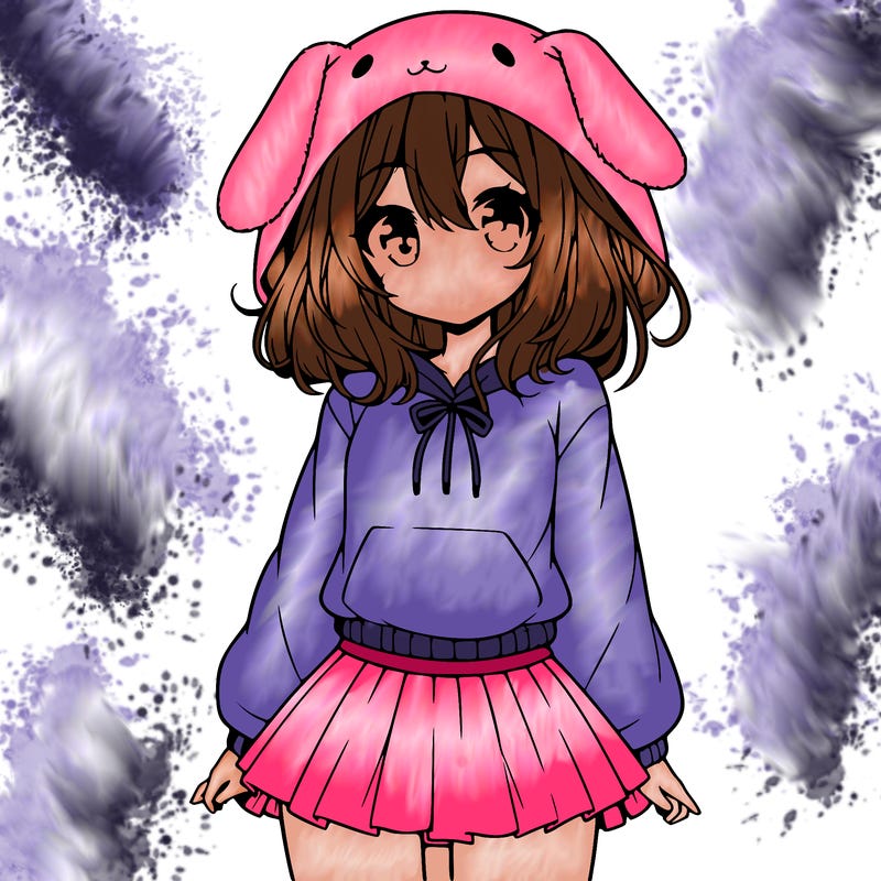 pretty anime girl wearing a fluffy hoodie with bunny ears on the hood and a skirt