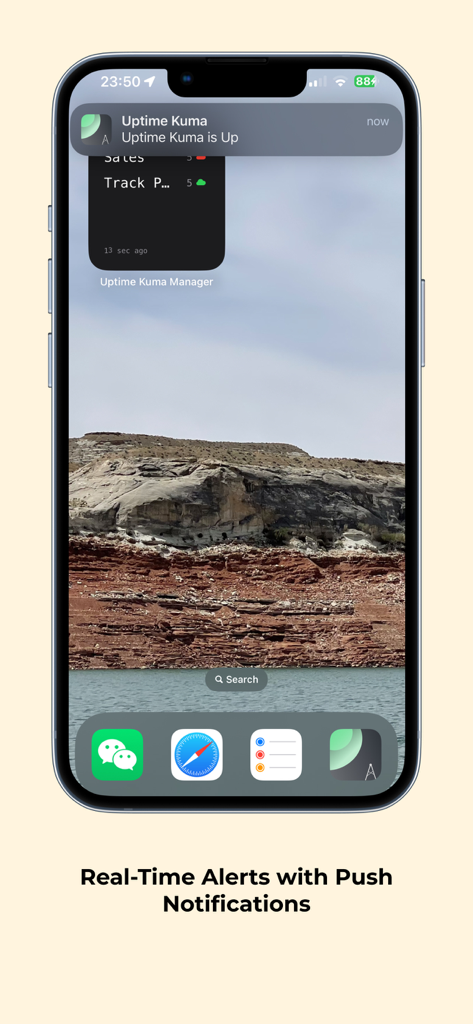 Uptime Kuma Manager - Pantalla de inicio del iPhone mostrando una notificación push en tiempo real y un widget de estado del servidor de Uptime Kuma Manager