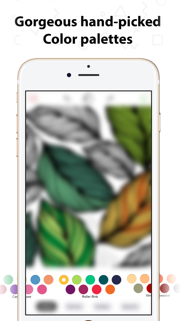 Coloring Book - Color Me - Smartphone screen showing the Color Me app with a leaf illustration and a selection of hand-picked color palettes