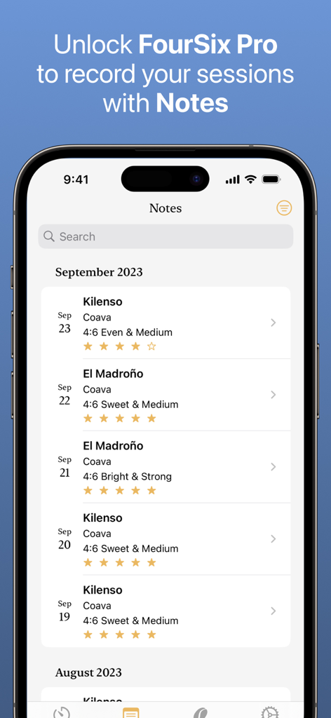 FourSix Coffee Timer - A list of recorded coffee brewing sessions in the FourSix Pro app showing bean names, roast details, and star ratings.