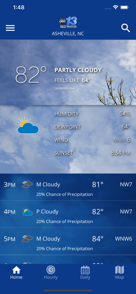 WLOS WEX - WLOS WEX app showing current weather and hourly forecast for Asheville North Carolina