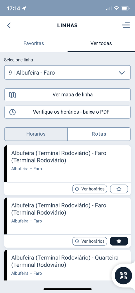 Vamus Algarve app interface showing bus route options between Albufeira and Faro