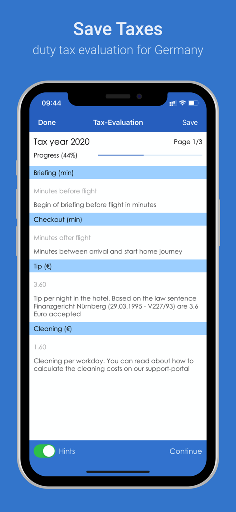 FollowMe - Share your roster - Mobile app screen showing the tax evaluation feature for airline crew duty expenses in Germany.