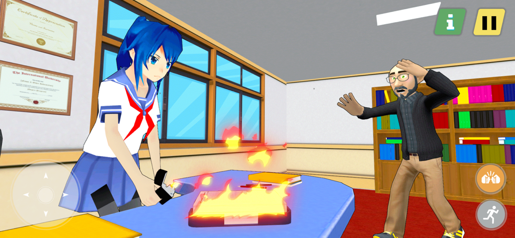 Yandere Simulator High School - An anime girl in a school uniform setting a fire on a desk while a teacher reacts in shock