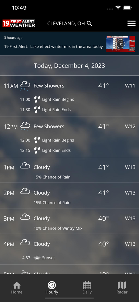 Cleveland19 FirstAlert Weather - Hourly weather forecast on the Cleveland 19 FirstAlert Weather app showing temperatures and sky conditions for Cleveland Ohio