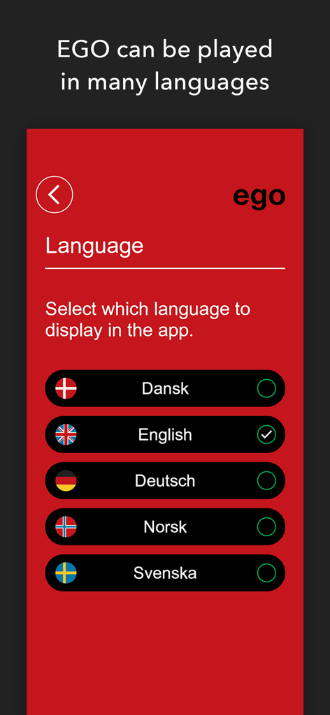 EGO - The Party Game - Écran de sélection de la langue dans l'application de jeu de société EGO présentant plusieurs icônes de drapeau pour l'anglais, le danois, l'allemand, le norvégien et le suédois