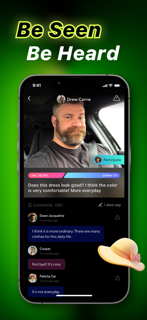 Nero app interface showing a social poll and user comments under the slogan Be Seen Be Heard