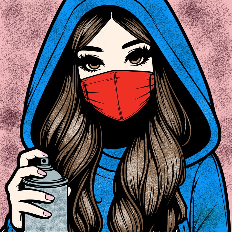 girl wearing a mask with long hair with her hood up spray-painting realistic