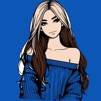 realistic girl with long hair wearing an off the shoulder sweater