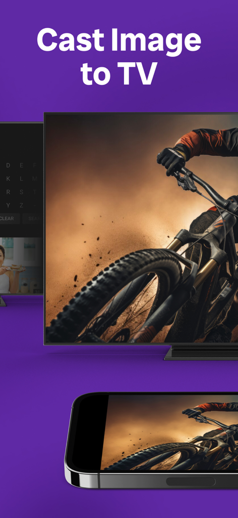 A smartphone casting a mountain bike photo to a large smart TV screen