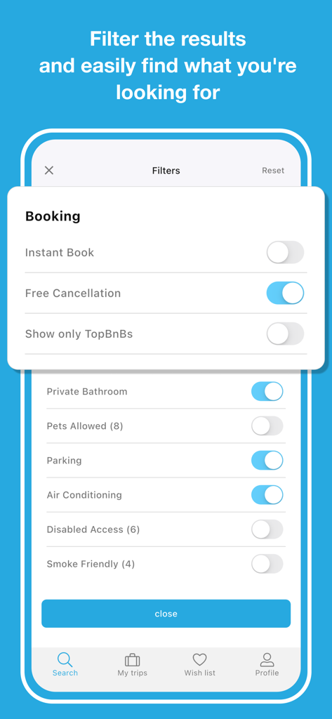 Case Vacanza Italia - The search filters screen of the Case Vacanza Italia app showing booking options and amenities like air conditioning and private bathrooms.