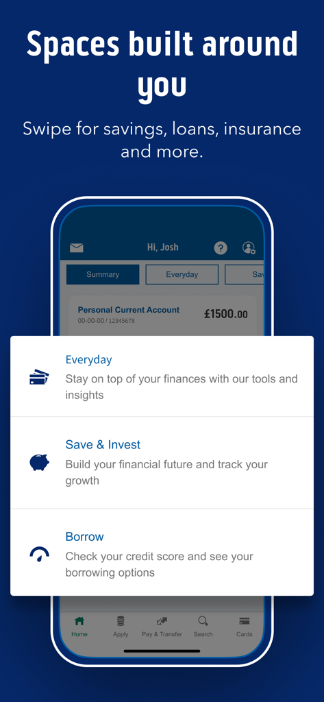 Bank of Scotland Mobile Bank - Bank of Scotland app interface showing financial spaces for everyday banking, saving, and borrowing.