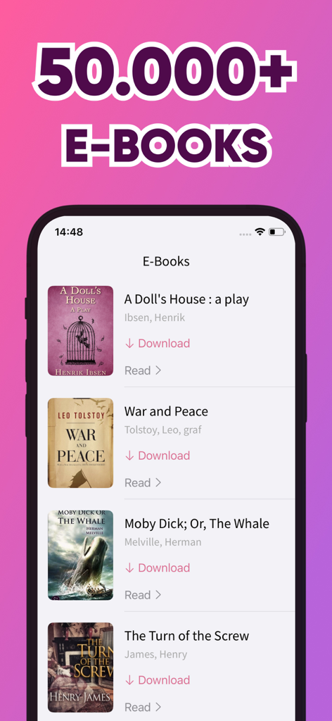 Librivox - Audio Books Stories - Classic e-books list on the Librivox mobile app library showing titles like War and Peace and Moby Dick