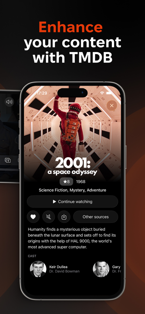UHF IPTV app interface displaying movie details with TMDB integration for 2001 A Space Odyssey