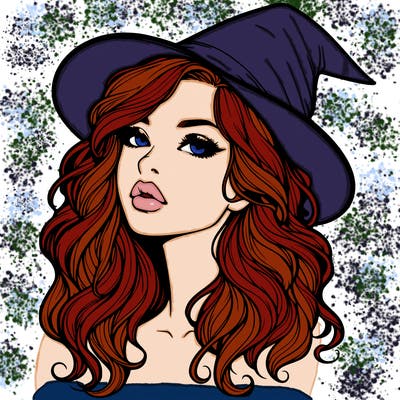 realistic witch girl with wavy hair and lips