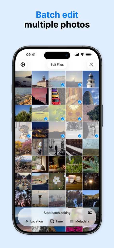 Interface of a mobile app showing multiple photos selected for batch editing of metadata like location and time