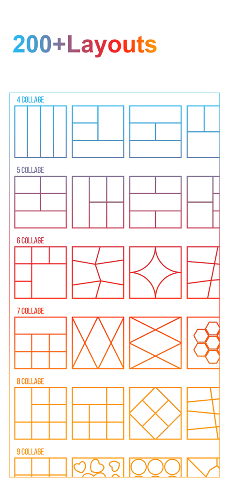 A variety of photo and video collage grid layouts and templates available in the VideoGrid app