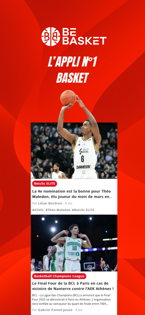 BeBasket.fr - BeBasket mobile app home screen featuring French basketball news and articles.